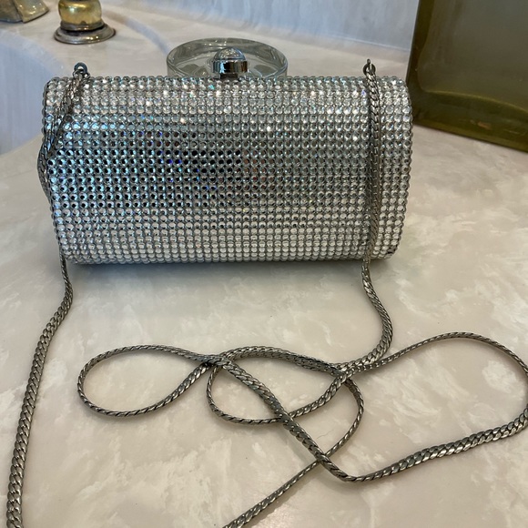 Rhinestone and Silver Evening Purse w/ Chain Handle.  Be the spark of the party! - Picture 2 of 14